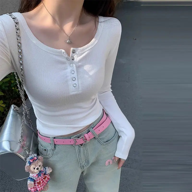 Women's Clothing 2024 Spring Autumn Fashion Rib Knit Long Sleeve Basic T-shirts Y2K Female Simple Casual Solid O Neck Slim Tops