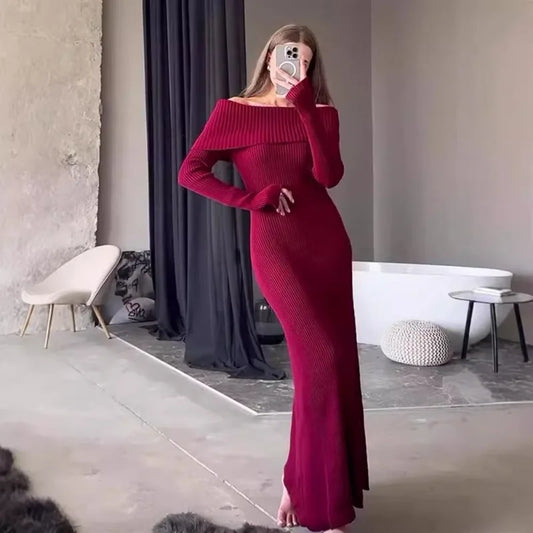 Talenza One Shoulder Knitted Long Dress Women's Autumn Long Sleeve Slim Bottoming Dress Solid High Waist Robe Elegant Long Dress