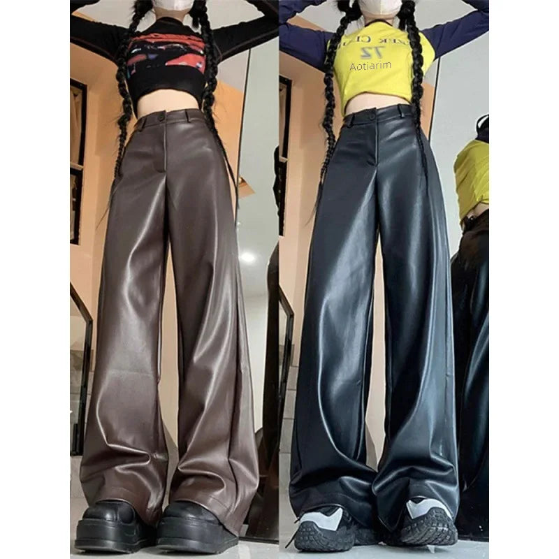 American Retro Pu Leather Casual Pants Women Autumn High Waist Slimming Leather Trousers Loose Long Pants