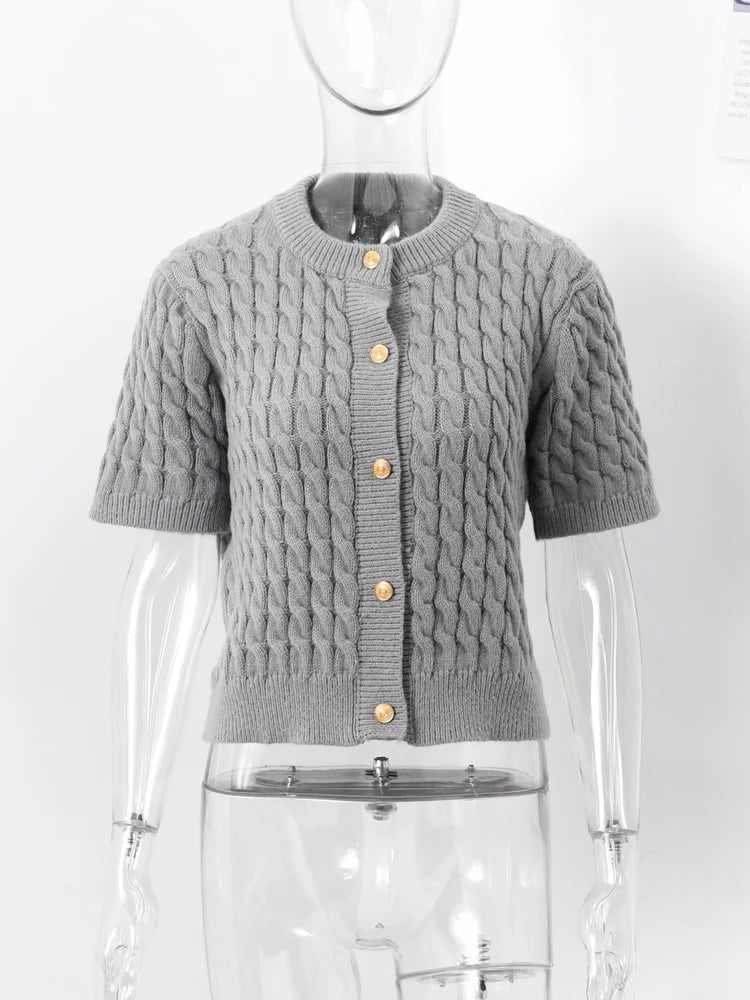 Casual Solid Knitted Cardigans Women Single-breasted O-neck Short Sleeve Sweater