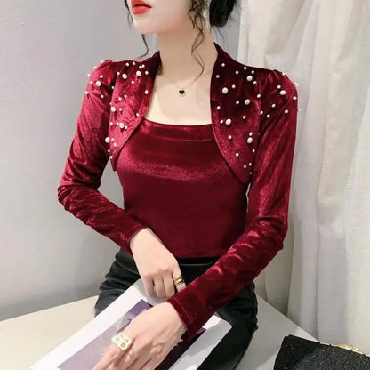 Women's Clothing Autumn and Winter New Arrivals Fashion Beading National Style Velour Tops All-match Long Sleeve T-Shirts