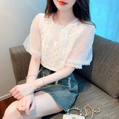 Summer Women's Short Sleeved Round Neck French Princess Sleeve Solid Color Lace Bead Versatile Tops Blouse Camisas A638