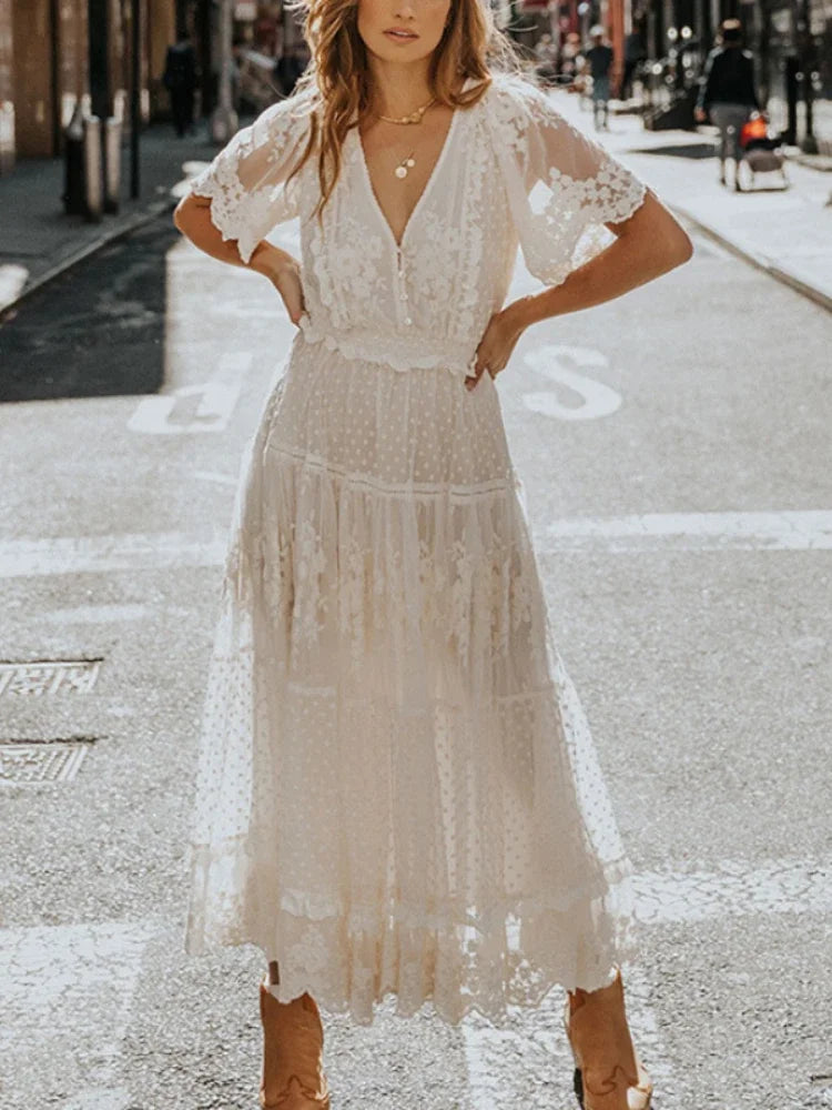 Vintage Chic Women White Lace Short Sleeve Beach Sexy Bohemian Maxi Dress Robe Lady V-neck Party Boho Dresses Vestidos