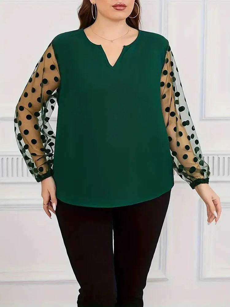 Plus Size Notch Neck Dot Mesh Long Sleeve Blouse Women Spring Summer Black Elegant Office Ladies Casual Tops Blouses