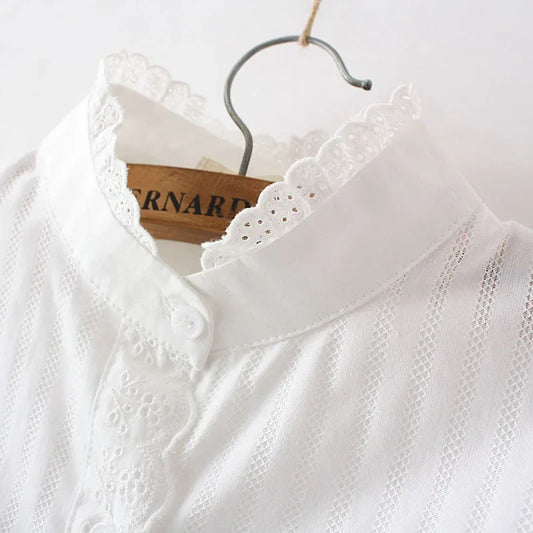 Women Lace White Shirts Summer Spring Long-sleeve Ruffled 100% Cotton Slim Soft Blouse Tops