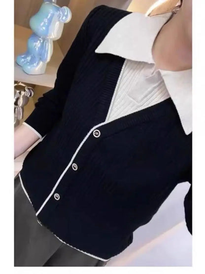 Women's Winter New Style Western-style Loose Fit Outerwear Base Sweater Spliced Lapel Top