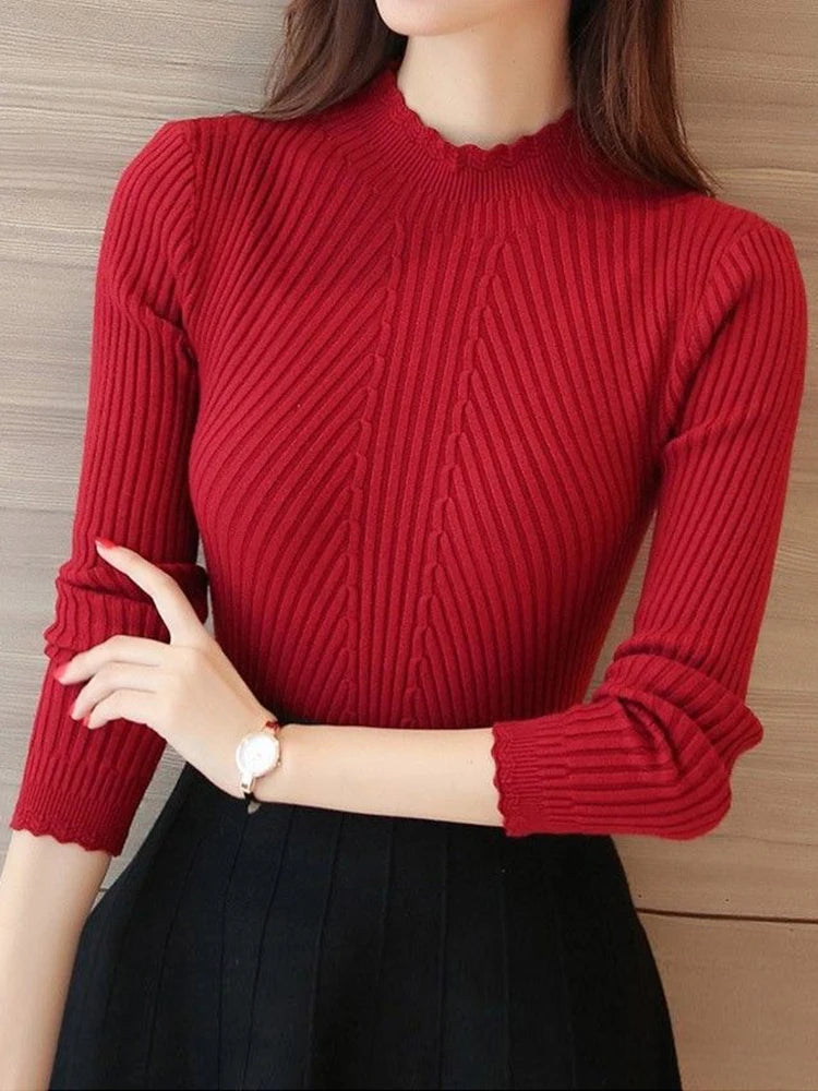 Autumn Women Mock Neck Ruffles Sweater Long Sleeve Knitted Bottoming Solid Pullovers Stripe Women Casual Sweater Winter