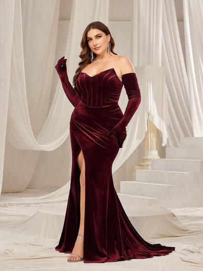 Plus Velvet Ruched Wrap Hem Tube Prom Dress(Gloves Included)