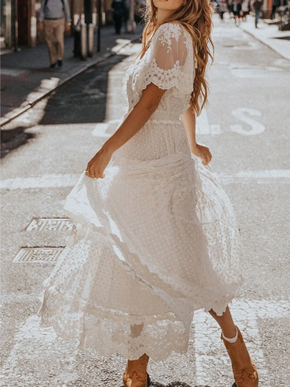 Vintage Chic Women White Lace Short Sleeve Beach Sexy Bohemian Maxi Dress Robe Lady V-neck Party Boho Dresses Vestidos