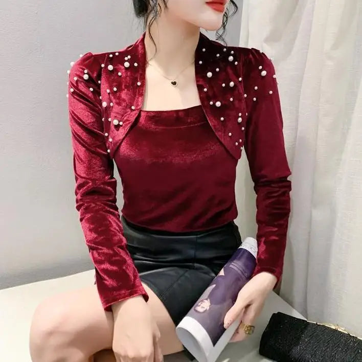 Women's Clothing Autumn and Winter New Arrivals Fashion Beading National Style Velour Tops All-match Long Sleeve T-Shirts