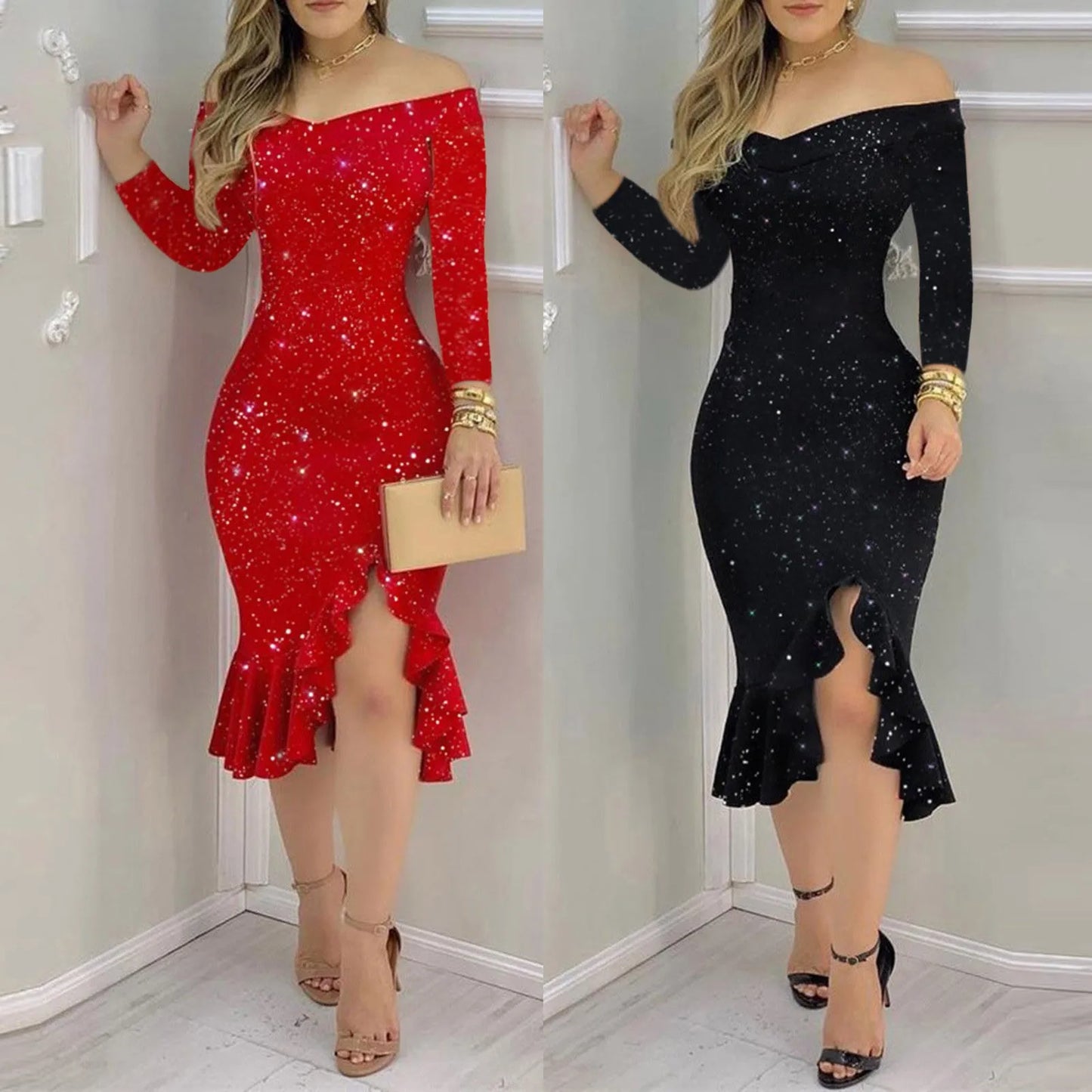 Ruffle Loose Slit Dress For Women Summer Plain Cold Shoulder Hip Wrap Tight Dress Solid Luxury Evening Dresses Elegant Gowns