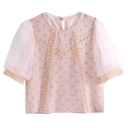 Summer Women's Short Sleeved Round Neck French Princess Sleeve Solid Color Lace Bead Versatile Tops Blouse Camisas A638