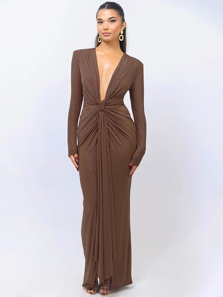 Mozlin Glitter Deep V-Neck Maxi Dress – Elegant Sparkle Ruched Bodycon with Long Sleeves and Split for Club Parties