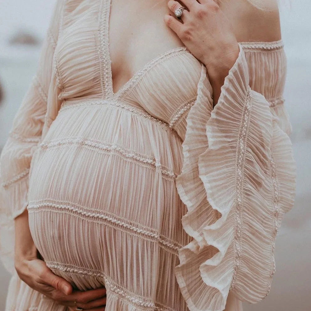 Boho Maternity Dresses For Photo Shoot Sexy V-neck Pleated Chiffon Long Sleeve Ruffle Pregnancy Dress Women's Photography Gowns