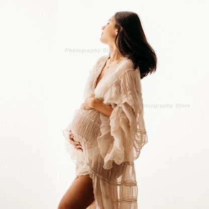 Boho Maternity Dresses For Photo Shoot Sexy V-neck Pleated Chiffon Long Sleeve Ruffle Pregnancy Dress Women's Photography Gowns