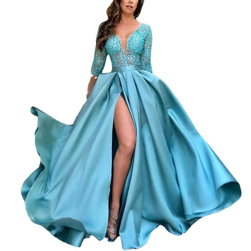 Women's V Neck Ladies Dresses Tailing Full Elegant Embroidery Long Evening Dress for Women Princess Dress