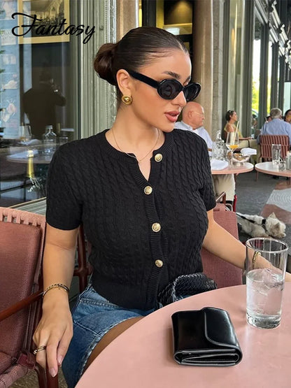 Casual Solid Knitted Cardigans Women Single-breasted O-neck Short Sleeve Sweater