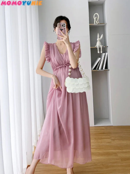 Summer Party Dresses Maternity Fairy Dress Petal Sleeve High Waist V-neck Pregnant Women Dress Sleeveless Princess Chiffon Dress