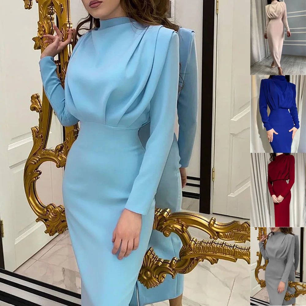 Autumn Solid Bodycon Midi Dress Turtleneck Long Sleeve Slim Office Lady Sexy Office Lady Blue Party Dresses For Women Work