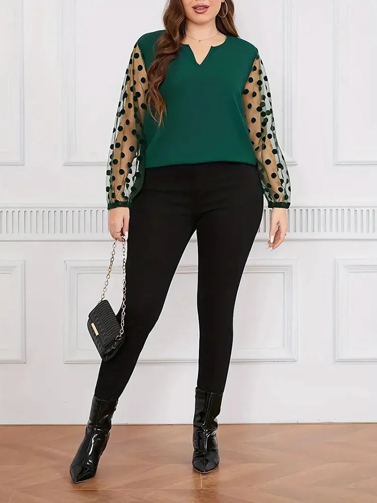 Plus Size Notch Neck Dot Mesh Long Sleeve Blouse Women Spring Summer Black Elegant Office Ladies Casual Tops Blouses