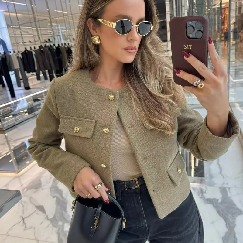 Woman Outerwears Autumn Long Sleeve Cropped Jacket For Women Winter Button Demi-Season Short Coats Elegant Women's Coat