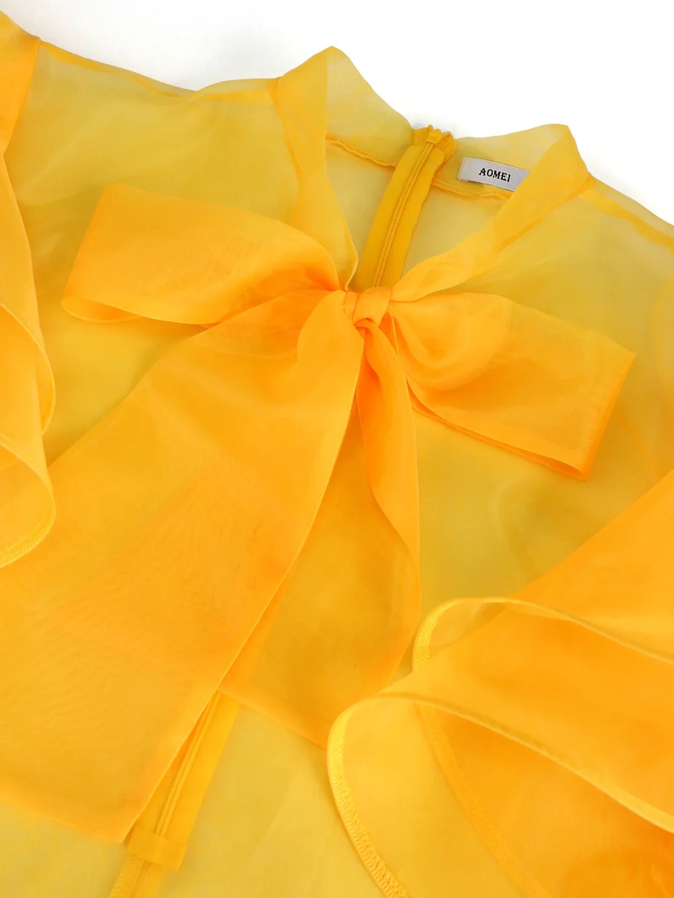 Trendy Yellow Blouse For Women Sheer Tulle Top See Through Bowtie Ruffles Trim Shirt Fashion Office Work Club Plus Size 4XL