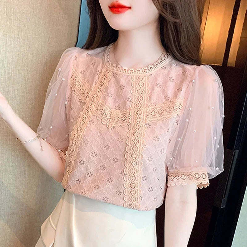 Summer Women's Short Sleeved Round Neck French Princess Sleeve Solid Color Lace Bead Versatile Tops Blouse Camisas A638