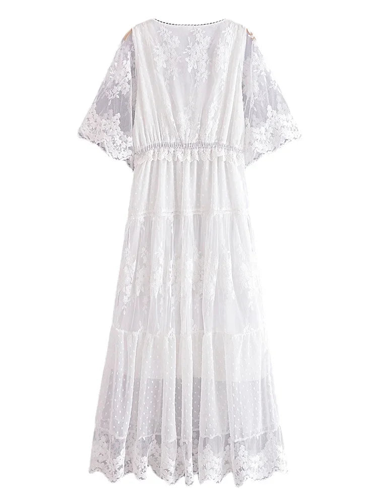 Vintage Chic Women White Lace Short Sleeve Beach Sexy Bohemian Maxi Dress Robe Lady V-neck Party Boho Dresses Vestidos