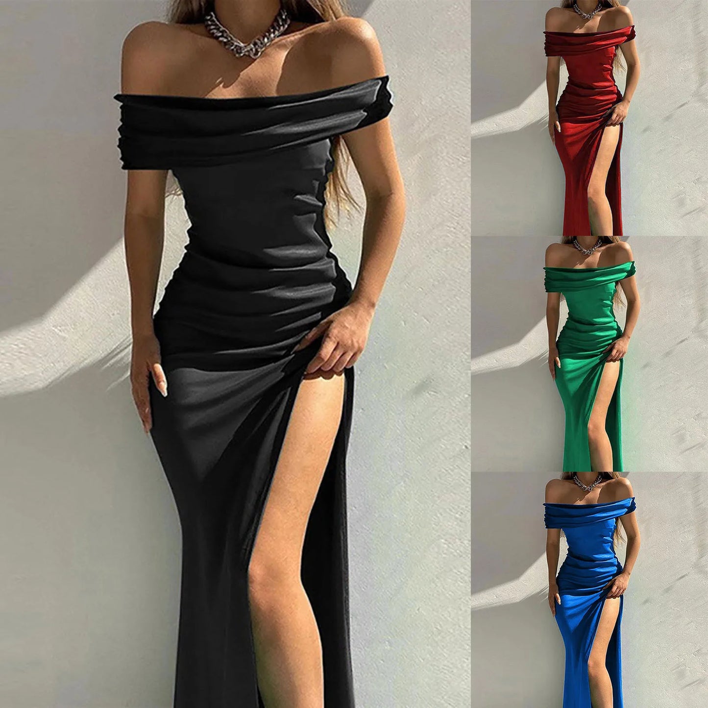 Elegant Evening Dress Solid Color Off Shoulder Women Sexy High Side Split Luxury Formal Maixi Dresses Ladies Party Night Vestido