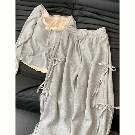 New Bow Design Super Sweet High Waist Slim Wide-leg Pants Two-piece Spring Korean Style Wear Grey Casual Shirt Women's