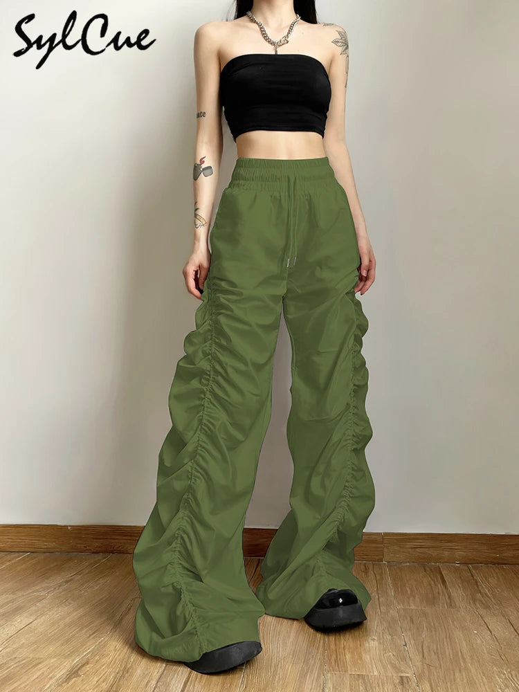 Sylcue Fashion Trend Personalized Self-Confidence Avant-Garde Cool All-Match Casual Loose Girl High Waist Wide Leg Lantern Pants